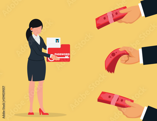 Secret information sale. business woman gives confidential protected data exchange for money, competitiveness buying marketing plans