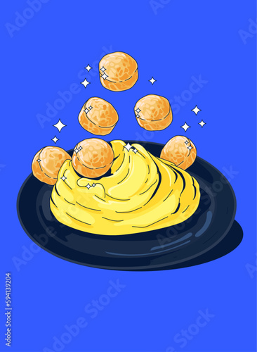 Mashed potatoes with meat balls on a plate. Vector illustration on a blue background.