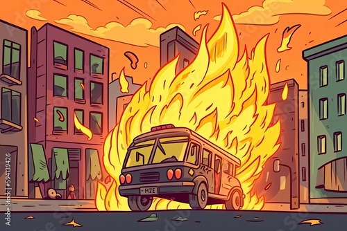 burning van in the middle of a busy urban street. Generative AI © 2rogan