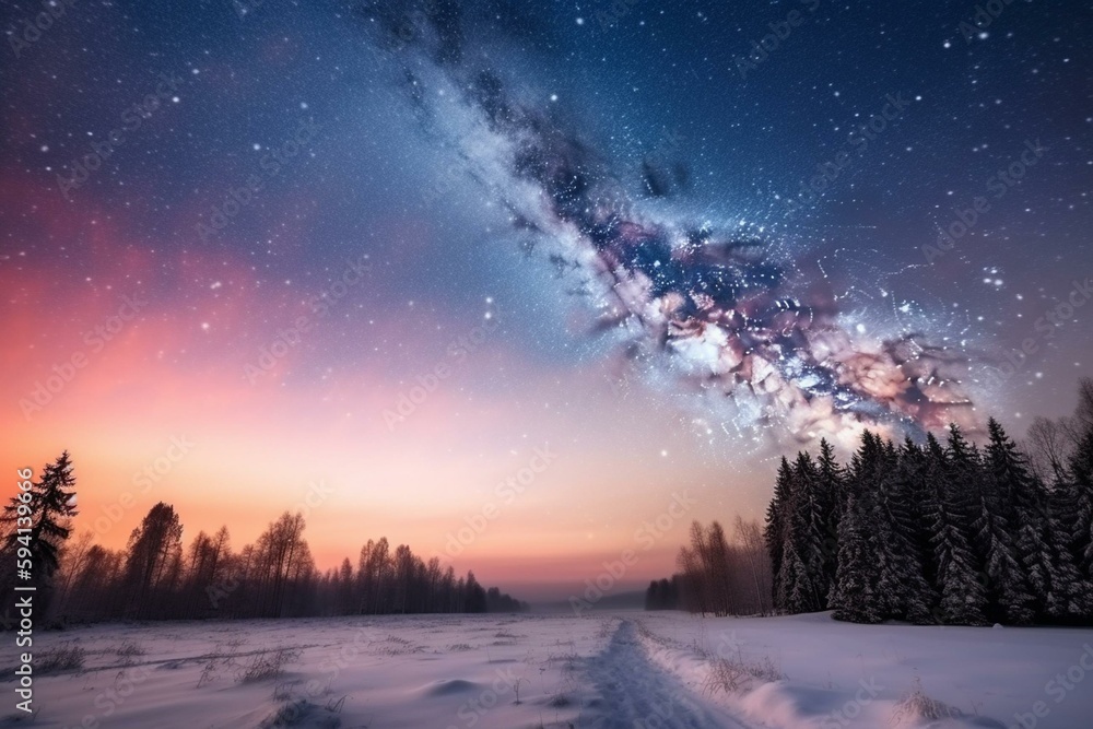 Beautiful sunrise over snowy forest with an epic milky way on the sky. Generative AI