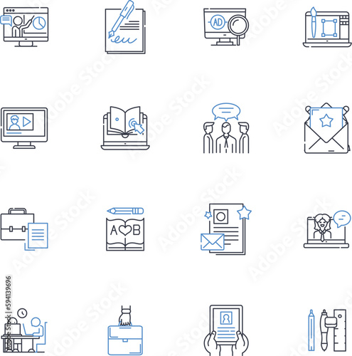 Copy forming line icons collection. Adaptation, Gathering, Collation, Crafting, Drafting, Composing, Conceptualizing vector and linear illustration. Ideation,Formulation,Creating outline signs set