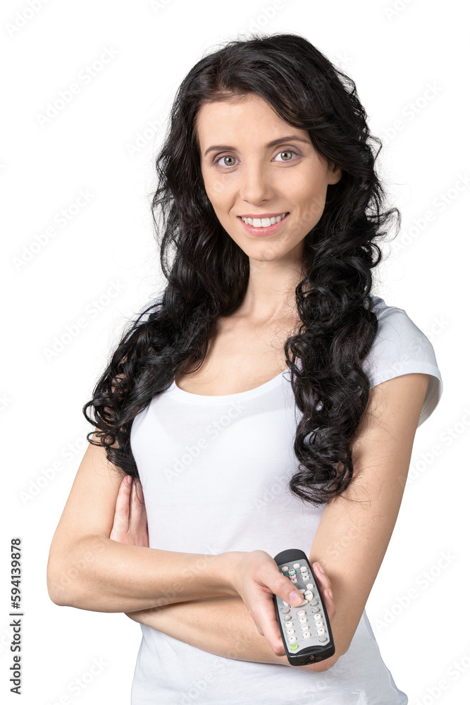 Pretty woman holding remote controller isolated on white Pretty woman holding remote controller isolated on white