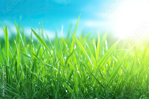 Sunlit blades of grass in close-up view with a blurred sun in the background. Generative AI