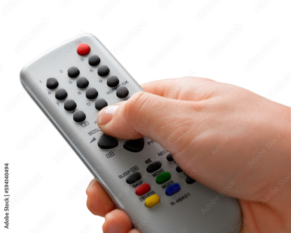 Hand with remote control on white Hand with remote control on white