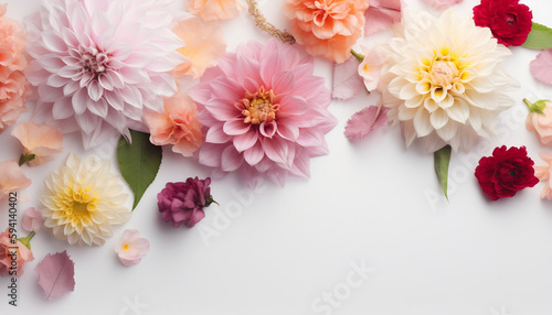 Happy Mother?s Day or Women?s Day greeting card with beautiful flowers in pastel colors on a white background and in the center for your text, Generative AI