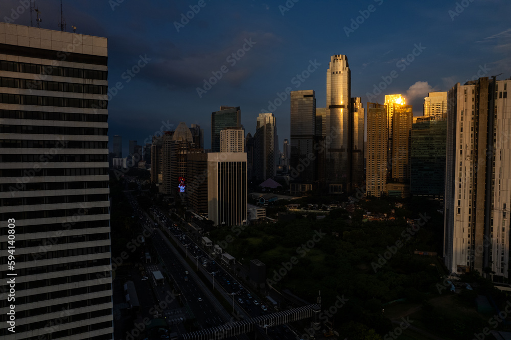 aerial shoot of Jakarta skyline during the golden hour. Jakarta is the capital city of indonesia that also one of the most populated city in the world.