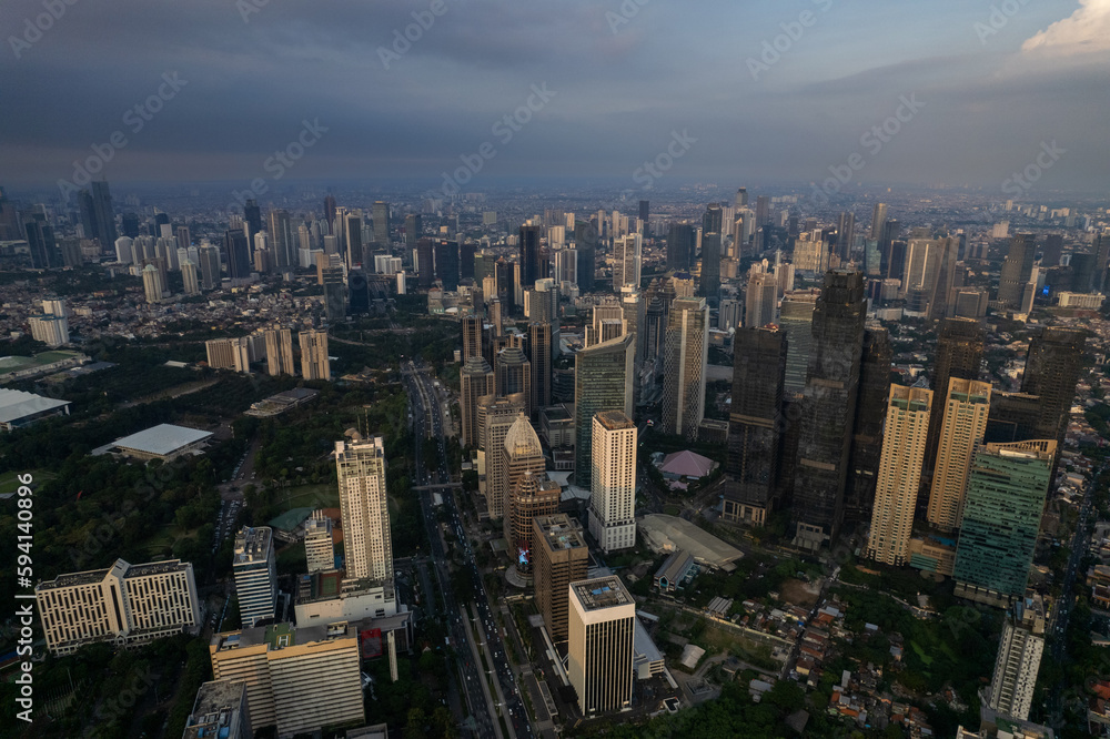 aerial shoot of Jakarta skyline during the golden hour. Jakarta is the capital city of indonesia that also one of the most populated city in the world.