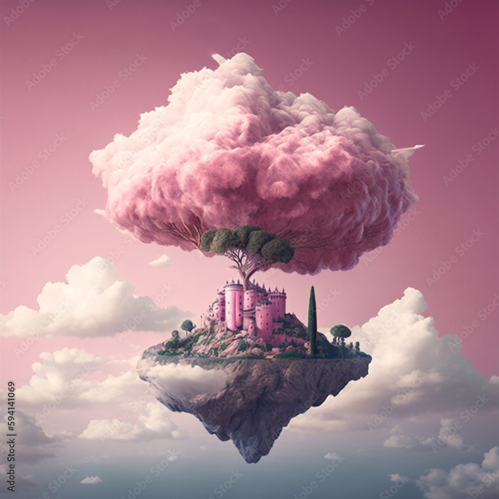 Pink Castle on a Shard of Rock floating in a pink fluffy cloud Stock ...