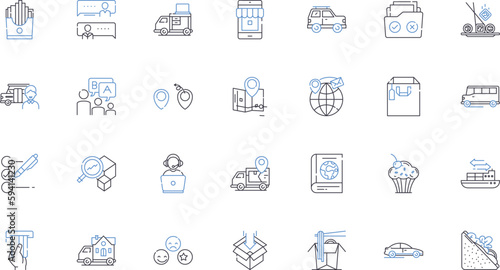 Material handling line icons collection. Warehouse, Forklift, Conveyor, Pallets, Loading, Unloading, Packaging vector and linear illustration. Crates,Lifts,Storage outline signs set