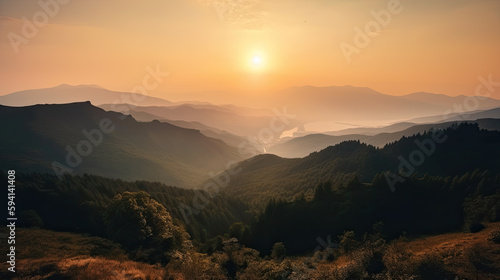 sunrise in the mountains with fog. calm mood. Generative AI © jr-art