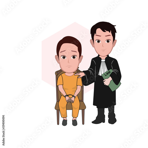 cartoon caricature of the character of a defendant who has his hands tied by handcuffs and sits sadly accompanied by a lawyer. Isolated vector illustration.