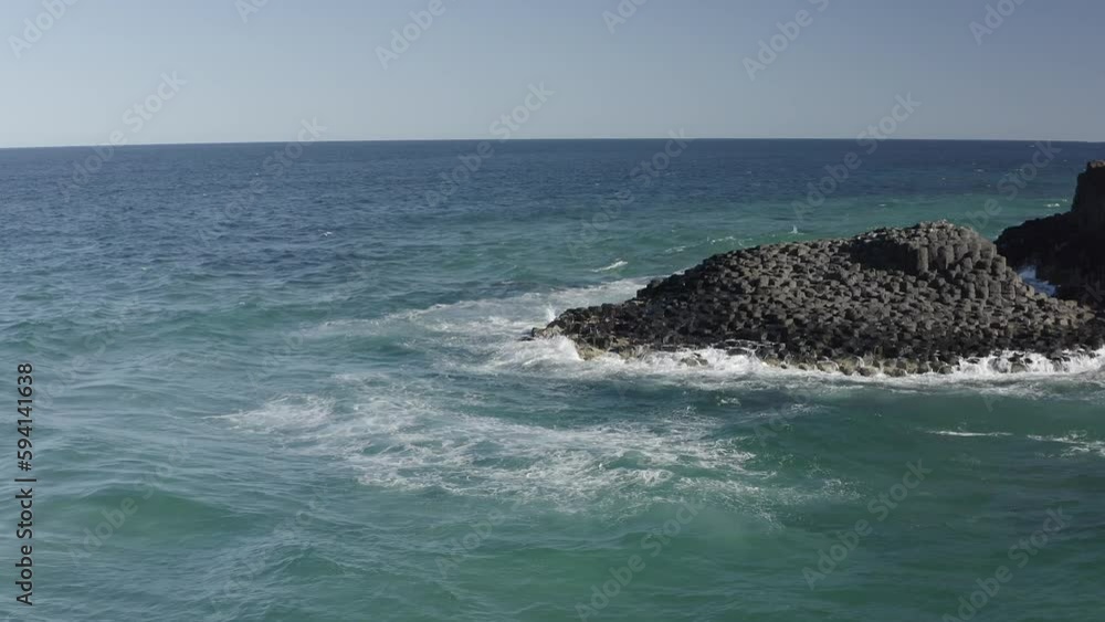 Aerial views of the Fingal Head Causeway rock formation near Tweed Heads in northern New South Wales, Australia. Camera Holding Static Position Aerial views of the Fingal Head Causeway rock formation near Tweed Heads in northern New South Wales, Australia. Camera Holding Static Position