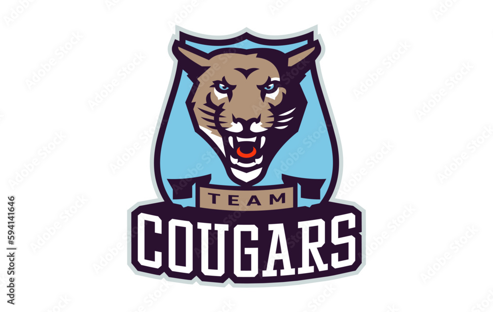 Sports logo with cougar mascot. Colorful sport emblem with cougar, puma mascot and bold font on shield background. Logo for esport team, athletic club, college team. Isolated vector illustration