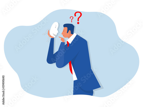 imposter syndrome, man looking his face on carnival masks with happy or sad expressions.vector illustrator