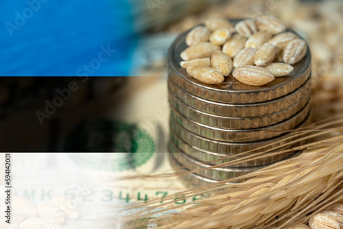 Estonian flag on a grain background with coins close-up. Export of wheat and grain. World food crisis. Export logistics solution