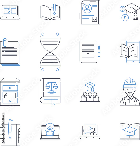 Encyclopedia and pharmacology line icons collection. Information, Knowledge, Research, Science, Medicine, Drugs, Prescriptions vector and linear illustration. Pharmacokinetics,Pharmacology,Medications
