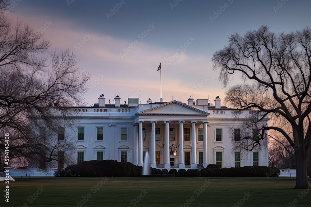 Naklejka premium White House on dusk morning in spring. Generative AI.