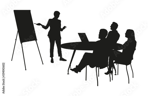 Businesswoman team leader giving flip chart presentation in front of his team vector silhouette.