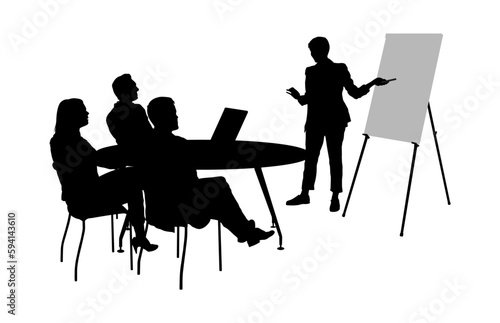 Team leader or manager giving a presentation standing and pointing on flip chart silhuette.