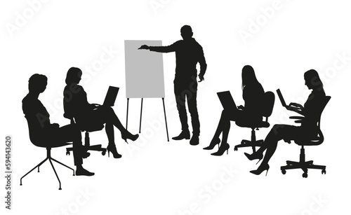 Businessman leader giving a presentation and pointing on flip chart conference meeting concept vector silhouette.