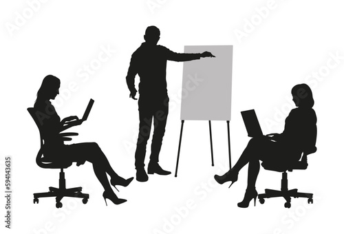 Businessman team leader giving flip chart presentation in front of his business team vector silhouette.