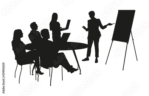 Business meeting and flip chart presentation in office vector silhouette.