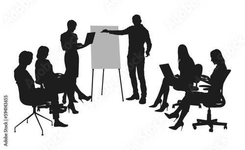 Confident businessman giving presentation in front of his colleagues vector silhouette.