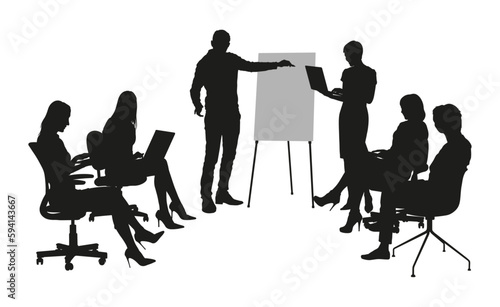 Business meeting and presentation in office vector silhouette.