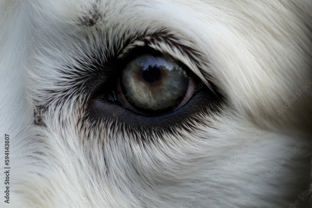 close-up view of a pure white dogs eye with visible details. Generative AI