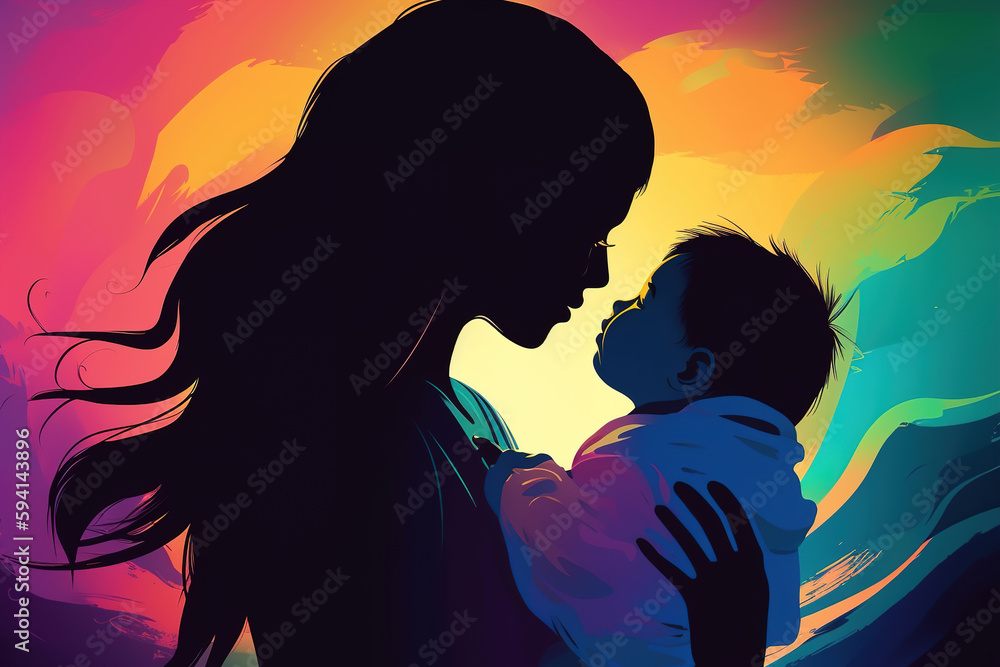 Motherhood abstract art illustration. Silhouette of faceless mother holding baby in her arms. Generative AI