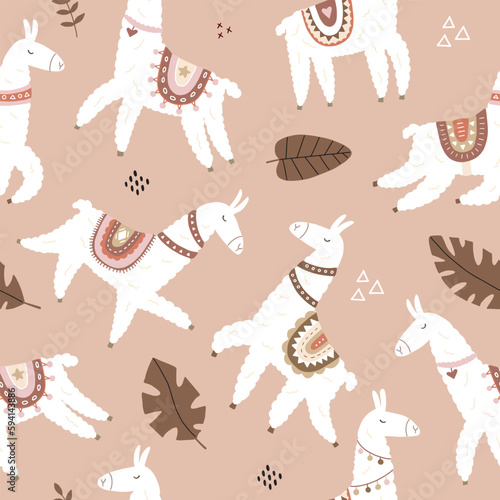 Vector seamless pattern with cute lamas in bright colors in boho style. Cute cartoon lama. Ideal for children's printed materials.