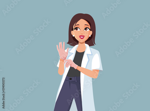 Female Doctor Puts on Surgical Gloves Vector Cartoon Illustration. Happy medical professional wearing protective sterile equipment for work
