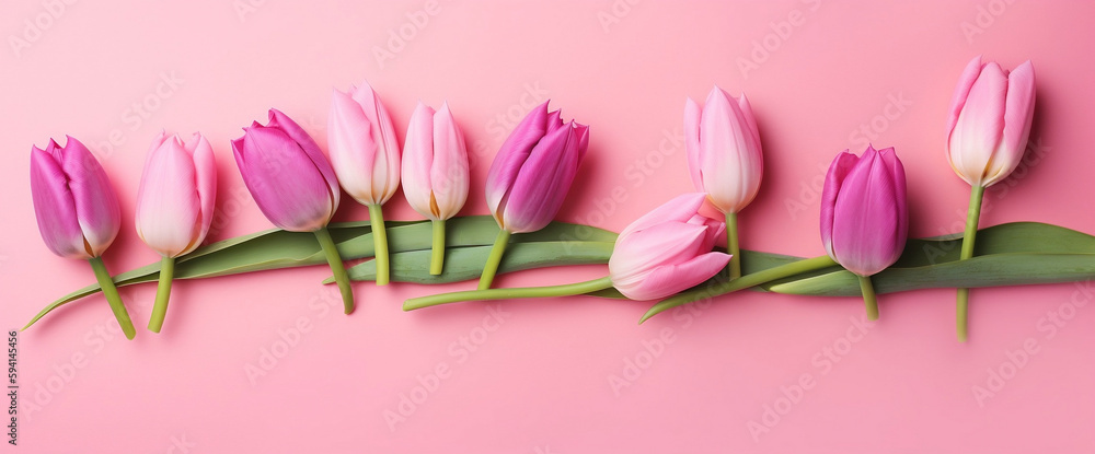 Spring tulip flowers on pink background top view in flat lay style, Greeting for Womens or Mothers Day or Spring Sale Banner, Generative AI