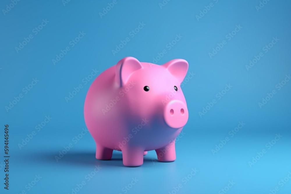 Pink piggy bank isolated on a blue background with copy space 3d rendering 3d illustration. Generative AI