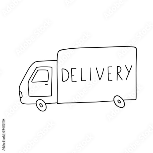 Hand drawn delivery truck icon isolated on white. Funny doodle illustration