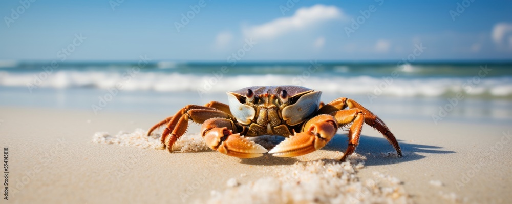 Obraz premium Crab sea marine on tropical sea and sandy beach blue sky background. Generative AI