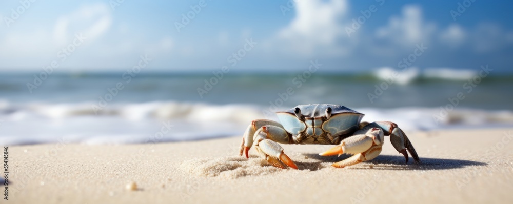 Crab sea marine on tropical sea and sandy beach blue sky background. Generative AI Crab sea marine on tropical sea and sandy beach blue sky background. Generative AI