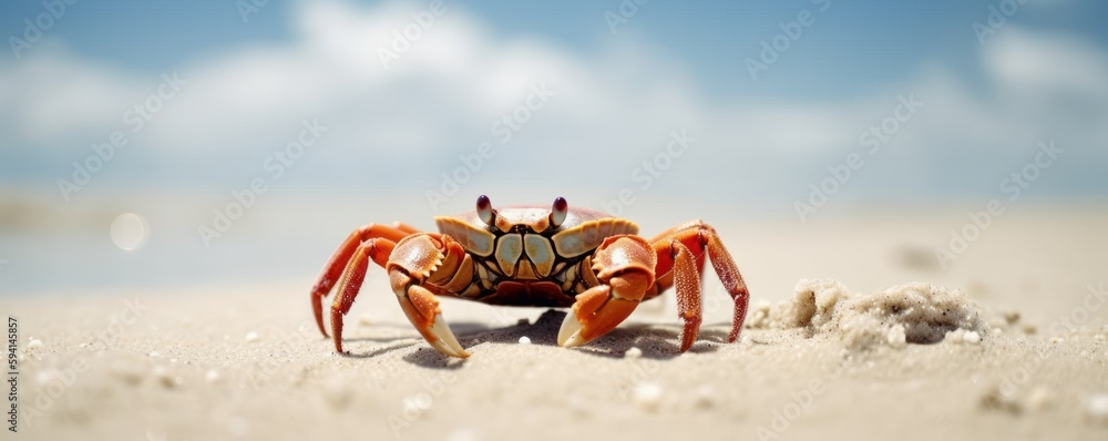 Crab sea marine on tropical sea and sandy beach blue sky background. Generative AI Crab sea marine on tropical sea and sandy beach blue sky background. Generative AI