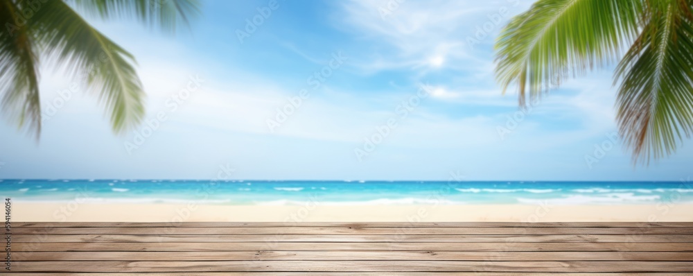 Empty wooden table with tropical sea and beach background. Generative Ai Empty wooden table with tropical sea and beach background. Generative Ai