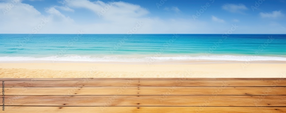 Empty wooden table with tropical sea and beach background. Generative Ai