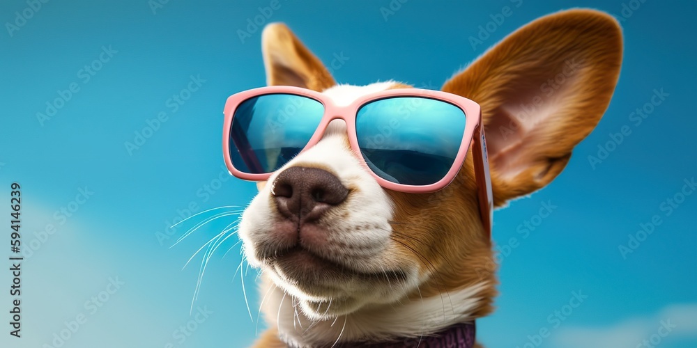 A puppy wearing sunglasses in summer sky background Generative ai