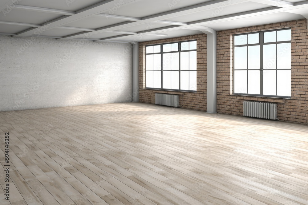 an empty room with natural light coming from two windows and a textured brick wall. Generative AI an empty room with natural light coming from two windows and a textured brick wall. Generative AI