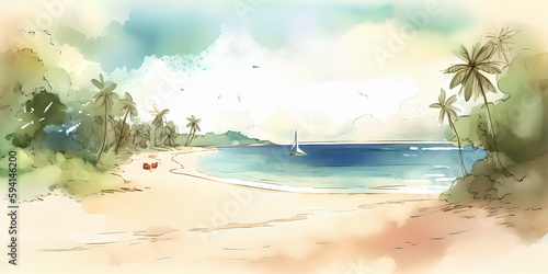 a single image depicting ozy beautiful beach water color, Generative ai