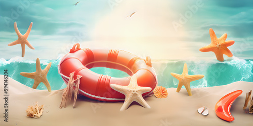 a beach scene with a life preserver inflatables and_starf, Generative ai