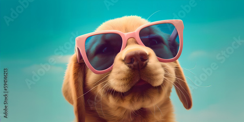 A puppy wearing sunglasses_in summer sky background, Generative ai © seogi