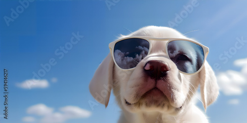 A puppy wearing sunglasses in summer sky background, Generative ai