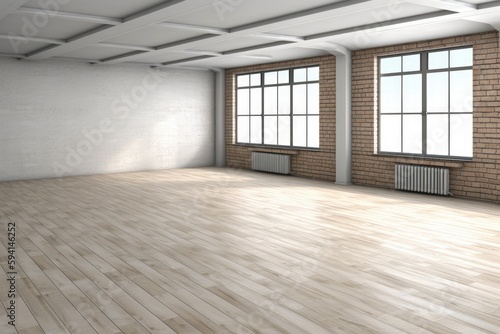 an empty room with natural light coming from two windows and a textured brick wall. Generative AI