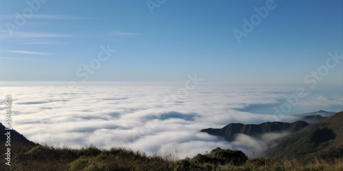 Sea of clouds with blue sky background. Generative AI