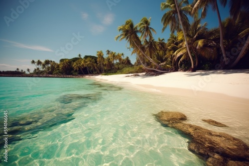 beautiful tropical beach with crystal clear waters and lush palm trees. Generative AI