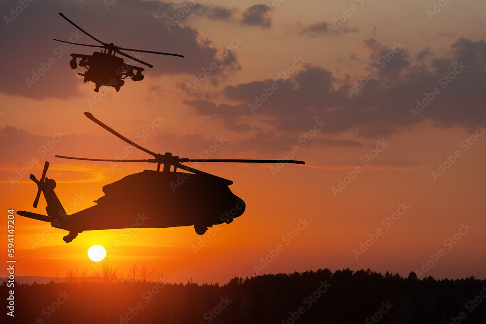 Silhouettes of helicopters on background of sunset. Silhouettes of helicopters on background of sunset.